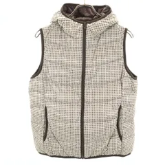 美品 UNIQLO ユニクロ 総柄 フーディー ウルトラライト ダウンベスト L グレージュ 収納袋付き レディース 古着