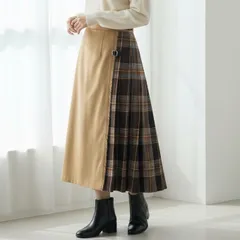 O’NEIL of DUBLIN パッチワーク キルトミモレスカート ウーステッドウール GB8 US6 ベージュ ブラウンチェック オニールオブダブリン