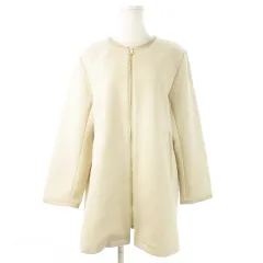 ジュンコシマダパート２ JUNKO SHIMADA part2 ノーカラーコート ジャケット ミドル丈 切替 異素材 レザー 革 ジップアップ 大きいサイズ 13 ベージュ /CK23 ■GY18