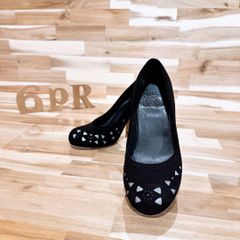 【カンペール】スエード トライアングル カットワーク パンプス 黒