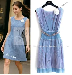 シャネル ワンピース CHANEL 45万 ペール ブルー ストライプ ストレッチ ニット ベルト付き カール・ラガーフェルド作品 超美品 40 42