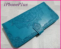 手帳型 iPhone7Plus /8Plus 用 ケース 浮彫 曼荼羅 ブルー