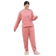 【新品】 [ROKUA] もこもこ ルームウェア 上下セット レディース 冬用 フリース 起毛 長袖 ウエストゴム あったか ゆったり 保温 パジャマ (ピンク) 1