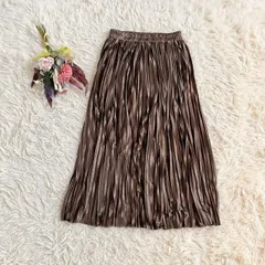 フォロワー限定お得なクーポン配布中！ プリーツロングスカート ウエストゴム 光沢感 きれいめ カジュアル 上品 ブラウン(F)