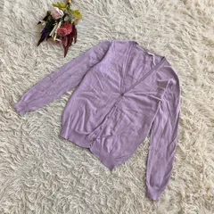『UNIQLO』ユニクロ 長袖ニットカーディガン Vネック 羽織 コットン 綿 前開き フロントボタン リブ編み 薄手 パープル(M)