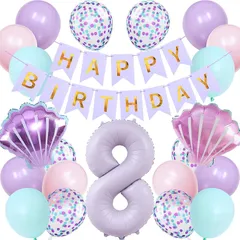 【迅速発送】Lausatek バルーン 誕生日 8歳 風船セット HAPPY BIRTHDAY バースデー ガーランド バースデー 飾り付け 数字8 シェル 装飾 お祝い イベント 子ども 男の子 女の子 パープル 1