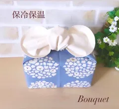 【リボンのお弁当袋】保冷保温　ポップコーン犬(ブルー)×白　　ポーチ/ランチバッグ