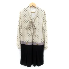 ロペピクニック ROPE Picnic ドッキングワンピース ひざ丈 長袖 リボンタイ ドット柄 水玉柄 シースルー 38 ベージュ 黒 ブラック /SY32