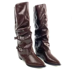 ギャザーベルトロングブーツ 24.5cm ブラウン 茶 ウエスタンブーツ ポインテッドトゥ 美脚効果 ダブルベルト 立体ギャザー 秋冬 お洒落 柔らか素材 レディース ロング丈 上品 モード感 コーデ万能 歩きやすい 安定感 フェイクレザー プレゼント 贈り物