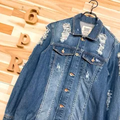 【ザラ】ブロンズ ボタン ハード ダメージ デニムジャケット M 紺インディゴ
