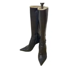 Z1579 VII XII XXX セブントゥエルブサーティー  ロングレザーブーツ　ファー　黒　ブラック　レディース　36 1/2  ハイヒール　ピンヒール　高級感　オシャレ　美脚