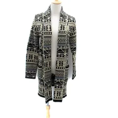 マウジー MOUSSY ニットカーディガン 前開き 総柄 ロング丈 F ベージュ 黒 ブラック /HO9