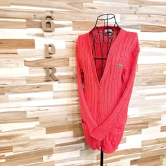 【ラコステ】Vネック ケーブルニット ロング カーディガン 刺繍ロゴ S ピンク