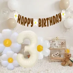 【くすみ ナンバーバルーン１個 ＆ デイジー付きバナー ＆ デイジー＆ふうせん６個セット】　数字は０～９より選べます　誕生日、記念日、百日祝い、ボーンフォト、パーティの飾りつけ