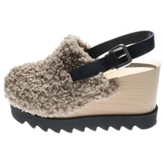 STELLA McCARTNEY (ステラマッカートニー) Elyse エリス ムートンボア レザー ストラップ ウッド ウェッジ シャークソール ヒール 厚底 プラットフォーム シューズ ベージュ/ブラック レディース