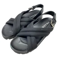 プラダ サンダル クロスベルト ロゴ ナイロン レザー ブラック レディース PRADA [サイズ37 1/2 (約24cm)] 人気 定番 上品 高級感 モード