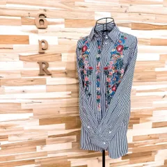 春夏【ザラ】ストライプ 花柄 刺繍 ロング長袖シャツ S 青ブルー×白×カラフル