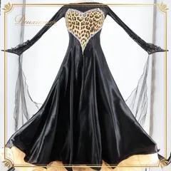 社交ダンス 衣装 チャコット Chacott スタンダードドレス スタンダード ドレス ワンピース 黒 デモ 競技 パーティ 発表会 ヒョウ柄 フリル レース フロート ブラック系 ベージュ系 光沢 スカート 大人用 フォーマル シンプル かわいい おしゃれ