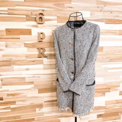 【ザラ】ツイード ラメ メタル糸 ロング ノーカラー ジャケット XS 白×黒