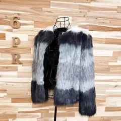 【ザラ】ボリューム グラデーション フェイク ファー ジャケット XSグレー×紺