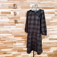 【クチュールブローチ】チェック柄 リボン装飾 ワンピース 長袖 グレー×黒