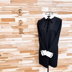 【ザラ】ベロア リボン クラシカル ワンピース モノトーン XS 黒ブラック×白