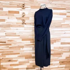 【アダムエロペ】レーヨン ニット ドッキング ロング ワンピース 巻きスカート紺