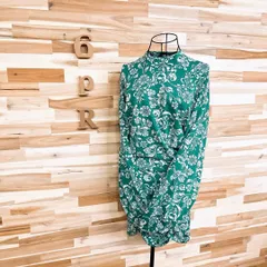 【ザラ】ボトルネック ボタニカル 花柄 ジャガード 長袖 ワンピース L 緑×白