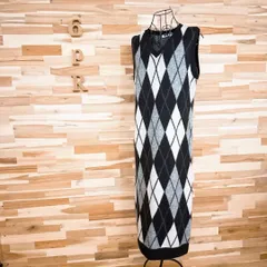 【ザラ】ロング ニット ベスト ワンピース アーガイル チェック総柄 S 黒×白