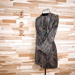 【ザラ】クラシカル クルーネック ベロア ペイズリー ワンピース S カーキ