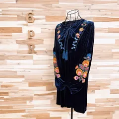【ザラ】ベロア 花柄フラワー 刺繍 ワンピース エスニック XS 紺×カラフル