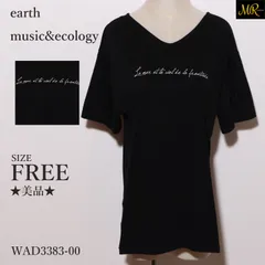 ★美品★ earth music&ecology アースミュージックアンドエコロジー トップス Tシャツ 半袖 ロゴ刺繍 Vネック モノトーンデザイン 　ブラック　 【WAD3383-00】 送料無料　古着　レディース