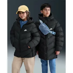 ナイキ 中綿ジャケット ジュニア NIKE Therma-FIT パファージャケット ミドル丈 140cm 150cm 160cm 子供服  アウター スポーツウェア フード付き 中わた 断熱素材 撥水 雨天対応 軽量 ブラック 黒/HJ2722-010