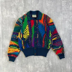 90s COOGI / クージー 襟付き マーセライズドコットン 3Dニット カーディガン ヴィブラント Sサイズ レディース