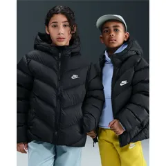 ナイキ 中綿ジャケット ジュニア NIKE Therma-FIT パファージャケット ルーズフィット 140cm 150cm 160cm 子供服  子ども用 アウター  フード付き 中わた 断熱素材 撥水 雨天対応 軽量  ブラック 黒 /HQ4976-010