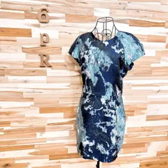 稀少【ザラ】クルーネック ジャガード マーブル ドレス ワンピース M 紺×黒