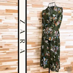【ザラ】Vネック カシュクール 花柄 ロング ワンピース 長袖 S カーキ×白