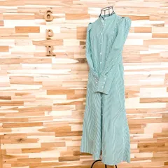 人気【アダムエロペ】ロング シャツ ワンピース ストライプ 長袖 緑グリーン×白