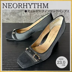 【ケア済/清潔なリユース靴】S502 NEORHYTHM ネオリズム スクエアトゥ バックルモチーフパンプス NE0780 スエード 黒ブラック 23cm