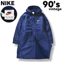 【銀タグ】 90sヴィンテージ ナイキ NIKE バックロゴ 裏フリース ナイロン フーデッド ベンチコート フーディー パーカー ジャケット アウター M ネイビー メンズ