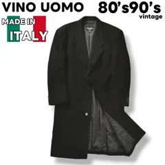 【美品】 80s 90s ヴィンテージ ヴィーノウォモ VINO UOMO PIELLE イタリア製 カシミヤ混 ウール チェスターコート ノーベント ノッチドラペル 総裏地 M ブラック メンズ