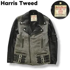 90s ヴィンテージ ハリスツイード Harris Tweed 本革 x ツイード ウール 切替 ダブル ライダース ジャケット ブルゾン ジャンパー M ブラック x ヘリンボーン グレー メンズ
