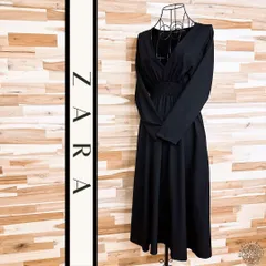 【ザラ】Vネック シャーリング ロング ワンピース ラグランスリーブ XS 黒