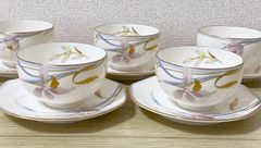[TK211] Set of 5 Hoya-made Orchid Teacups and Saucers, 8.5cm Diameter, Japanese Tableware, Ceramic, Antique, Sencha Utensils, Tea Utensils, Art