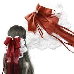 ヘア バレッタ ビッグ リボン レース しっかりとまる ハーフアップ 大きめ おしゃれ 髪飾り 赤