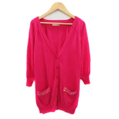 エフデ ef-de カーディガン ミドル丈 七分袖 Vネック スパンコール 無地 9 マゼンタ /YK42 