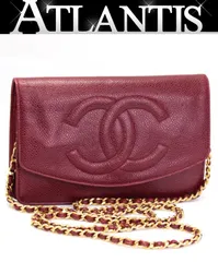 シャネル CHANEL ヴィンテージ ココマークチェーンウォレット キャビアスキン ボルドー G金具 3番台 【72518】
