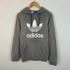 adidas アディダス スウェットパーカー プルオーバー トレフォイル ビッグロゴ グレー Lサイズ レディース 古着 ストリート スポーツMIX