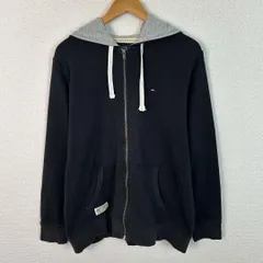 TOMMY HILFIGER トミーヒルフィガー ジップアップスウェットパーカー ロゴ刺繍 裾ロゴ フード切り替え ブラック XLサイズ メンズ 古着 アメカジ ストリート