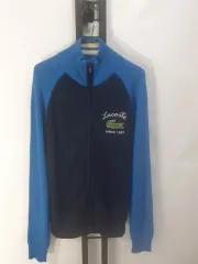 ラコステ ニット ジップアップ カーディガン ウール BIGクロック ネイビー ブルー 100